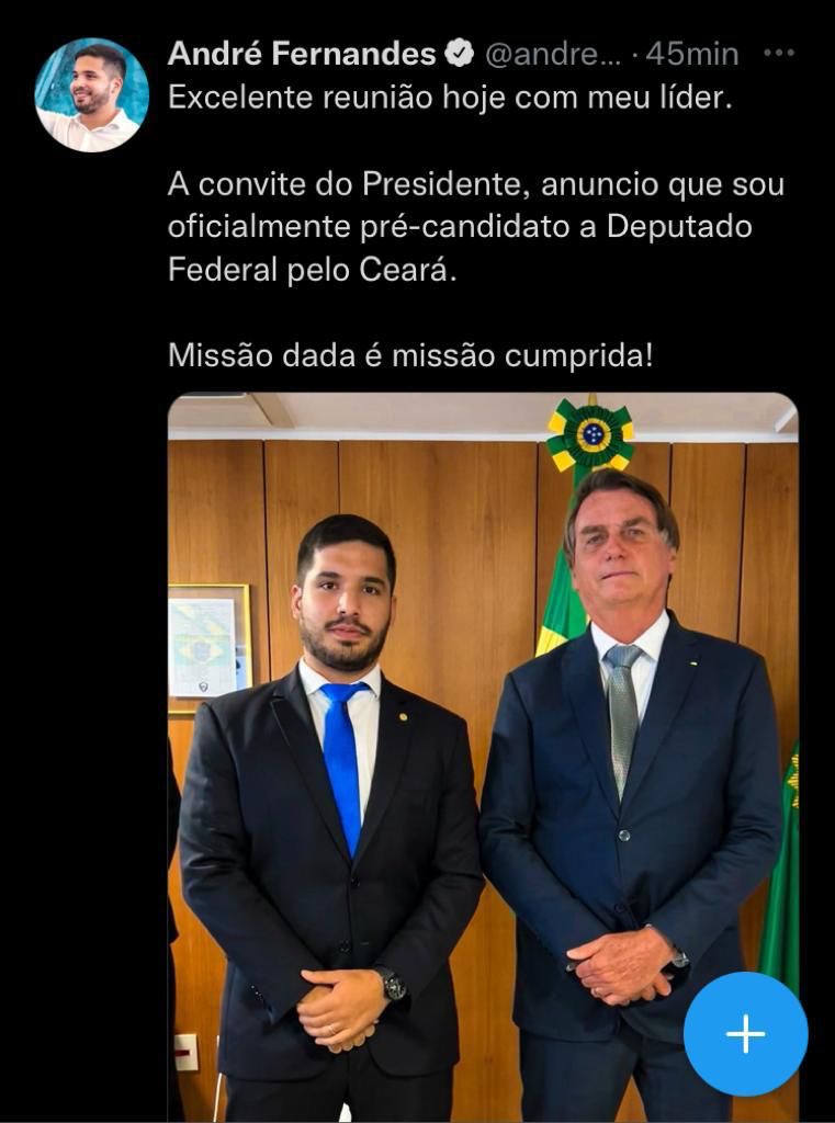 A convite de Bolsonaro André Fernandes anuncia pré candidatura a