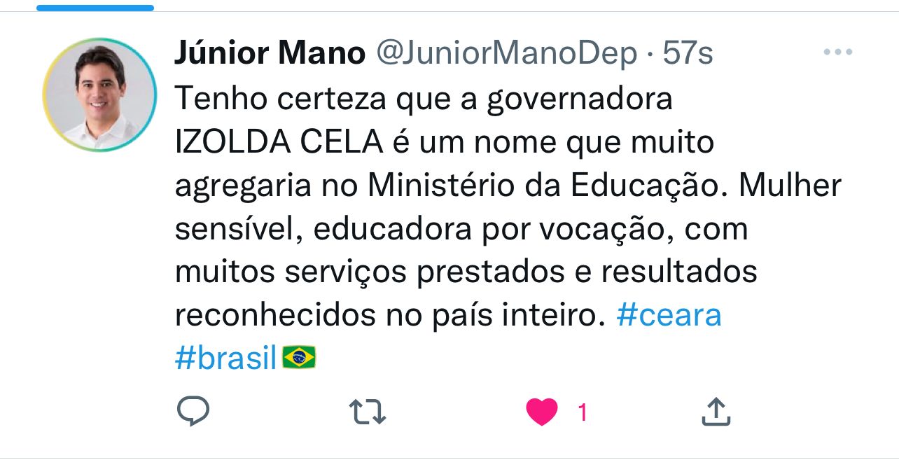 J Nior Mano Defende Nome Da Governadora Izolda Cela Para Minist Rio Da