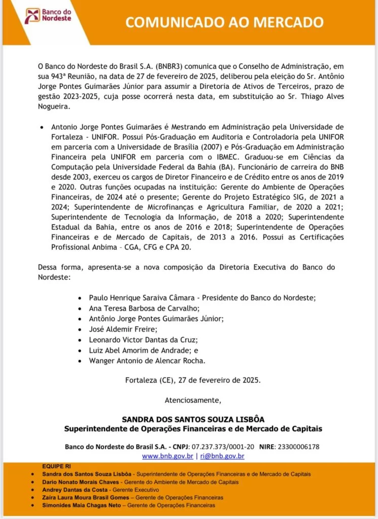 Antônio Jorge Pontes Guimarães assume Diretoria de Ativos de Terceiros do BNB
