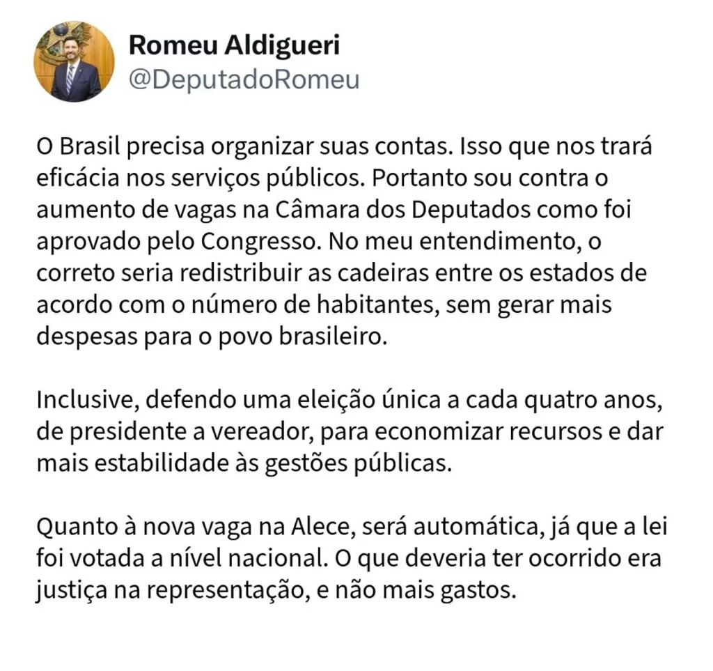 Aldigueri se manifesta contra lei que aumenta número de vagas na Câmara dos Deputados