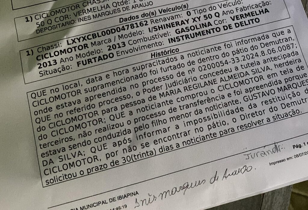 (Foto: Boletim de Ocorrência)