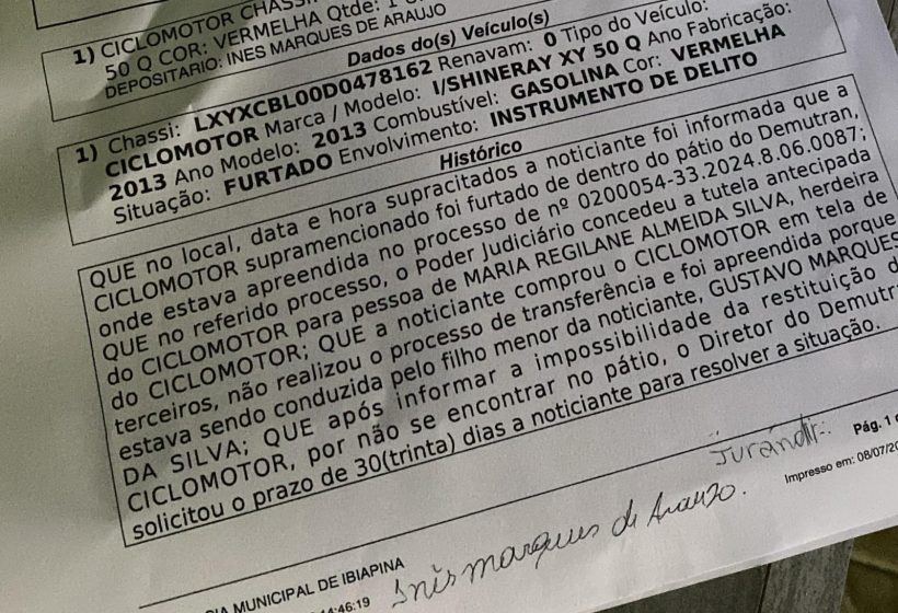 (Foto: Boletim de Ocorrência)