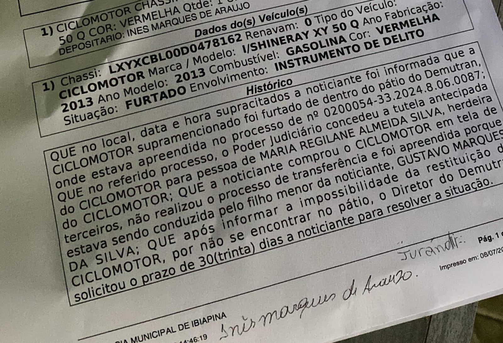 Moto apreendida é furtada de dentro do pátio do Demutran em Ibiapina