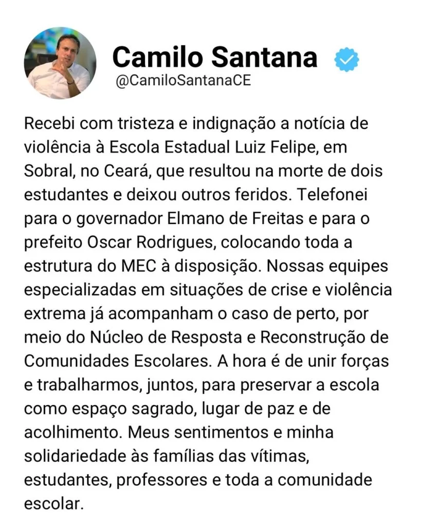 Camilo coloca estrutura do MEC à disposição após ataque a tiros em escola de Sobral