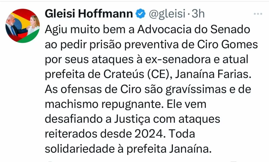 Gleisi Hoffmann declara apoio à prisão preventiva de Ciro Gomes