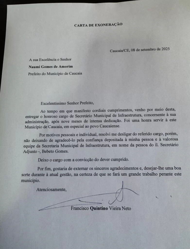 Quintino Vieira pede exoneração do cargo de secretário de Infraestrutura de Caucaia