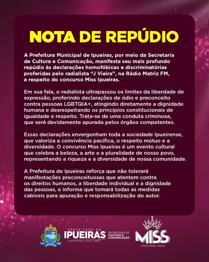 Radialista faz comentários homofóbicos sobre participação LGBTQIA+ no concurso Miss Ipueiras