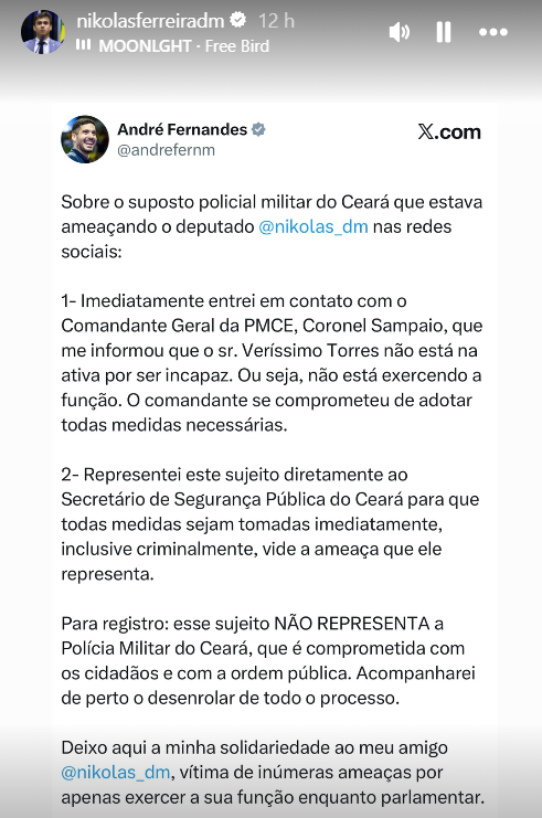 Nikolas Ferreira denuncia ameaça de ex-policial militar cearense nas redes sociais