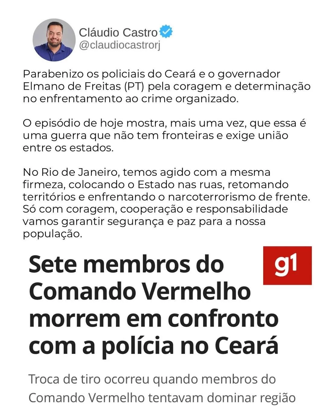 Cláudio Castro parabeniza Elmano por ação da PM que resultou na morte de 07 membros do CV