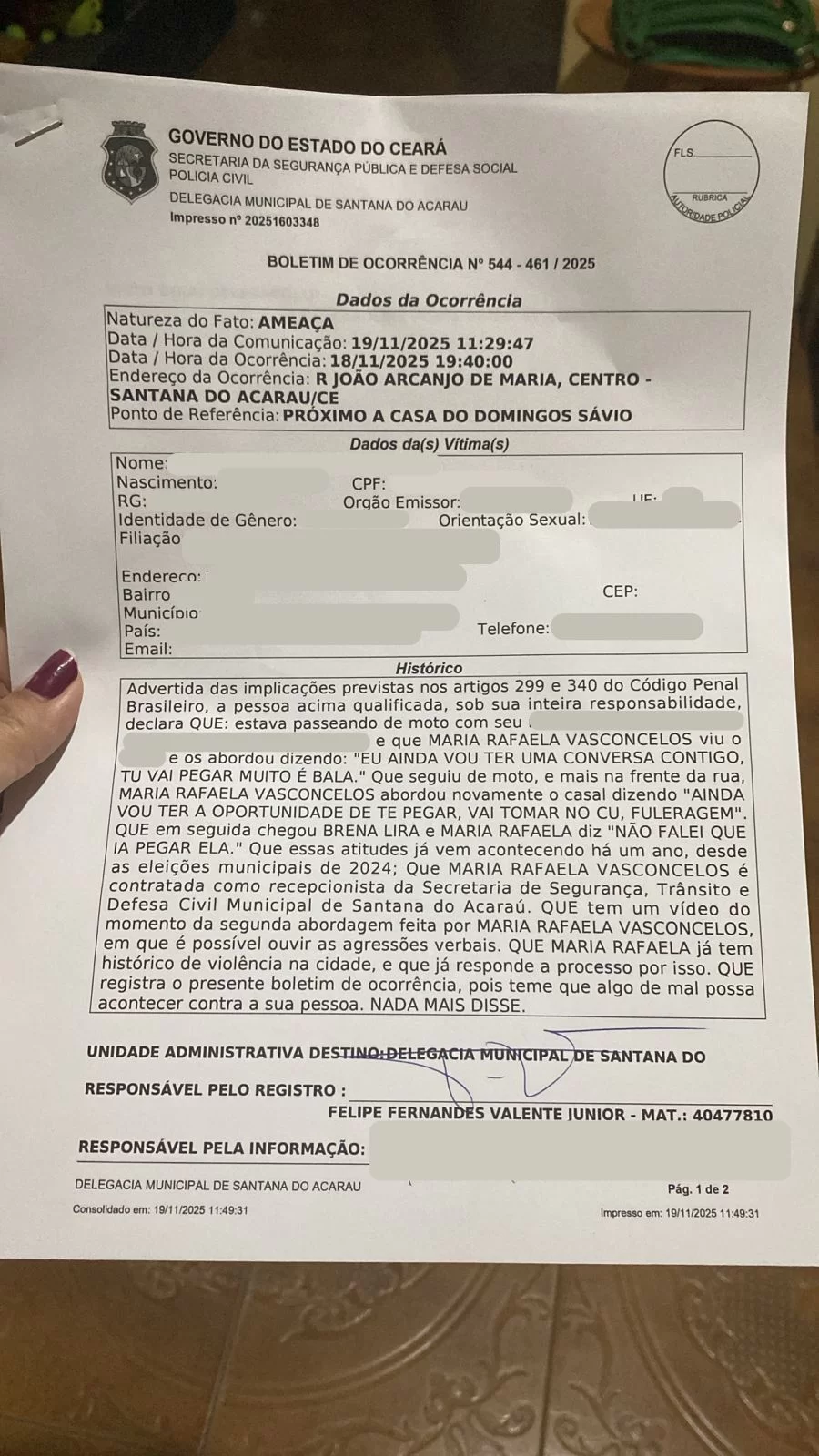 Filha do prefeito de Santana do Acaraú denuncia ameaça de servidora