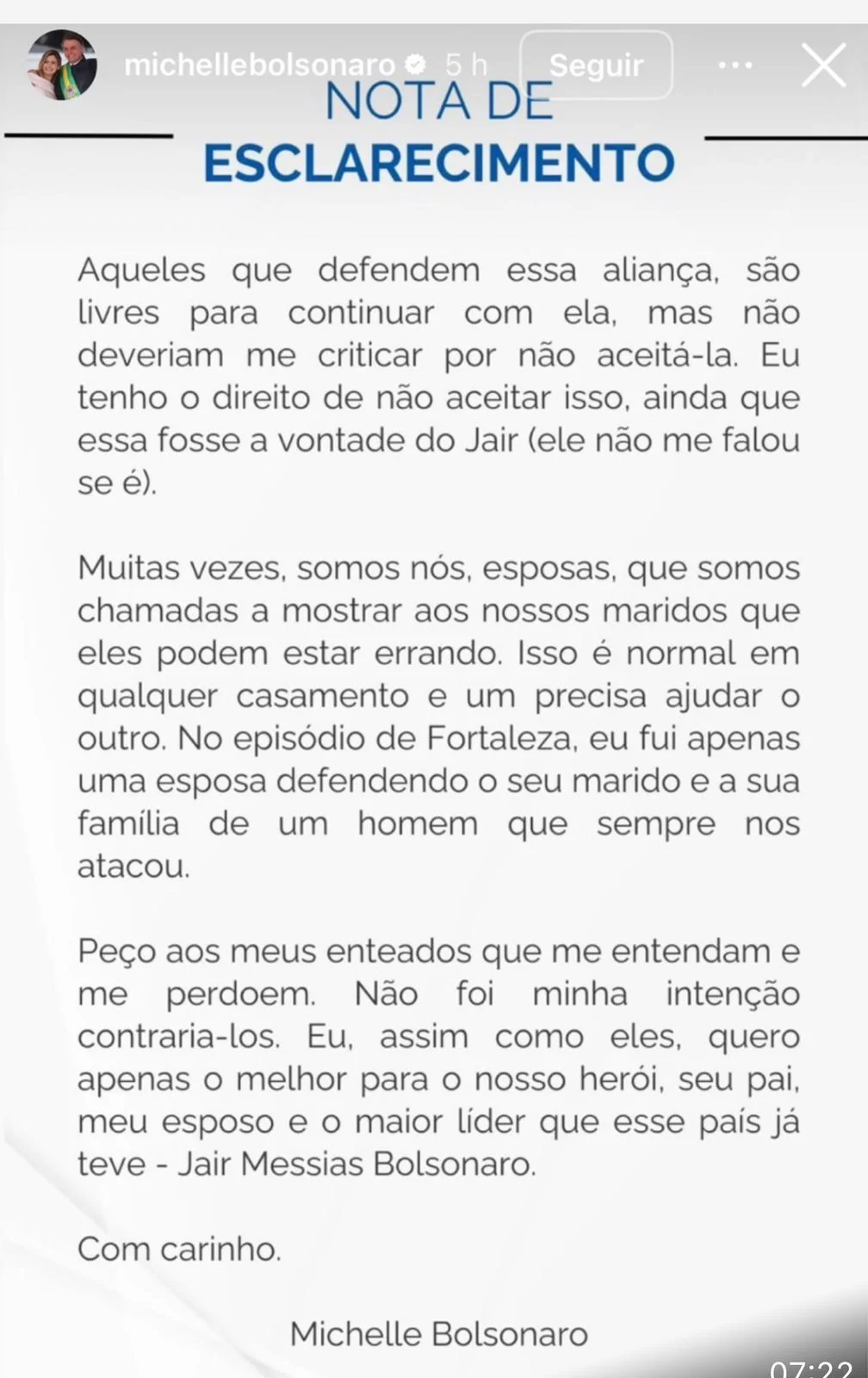 Michelle Bolsonaro não retira crítica feita no Ceará por aliança do PL com Ciro