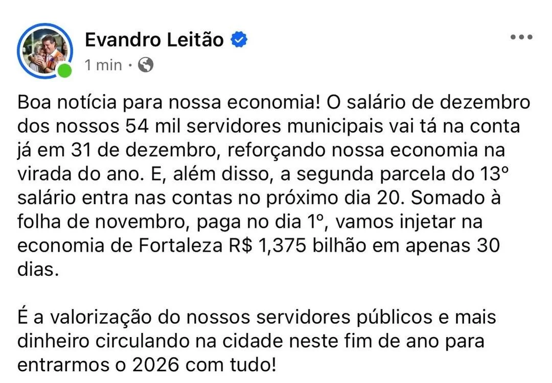 Prefeito Evandro pagamento do 13º salário no dia 20 e folha de dezembro no dia 31