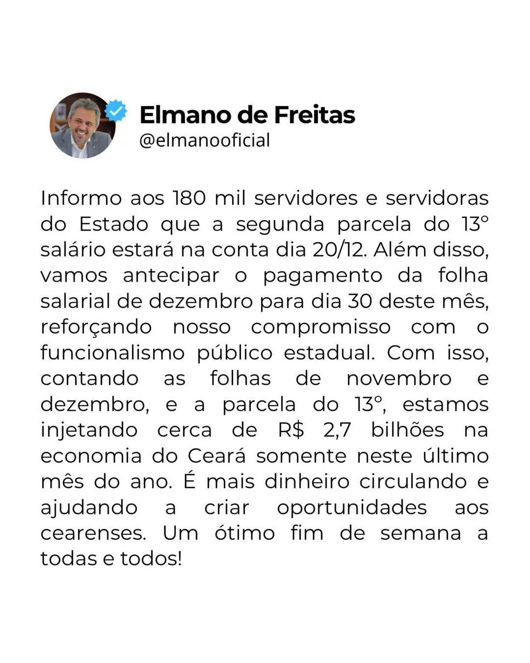 Governador Elmano anuncia pagamento do 13º e antecipação da folha de dezembro
