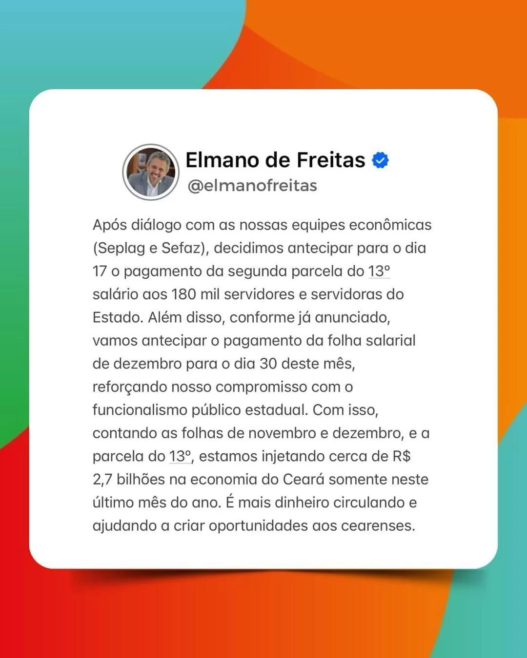 Governador Elmano anuncia antecipação do 13º dos servidores estaduais para 17 de dezembro