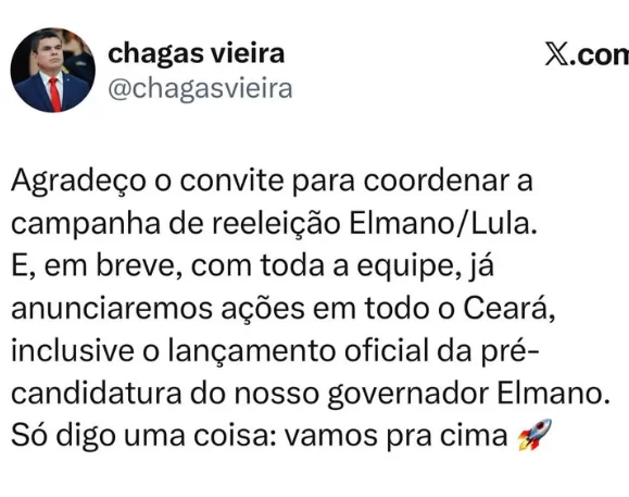 Chagas Vieira é definido como coordenador-geral da campanha à reeleição do governador Elmano