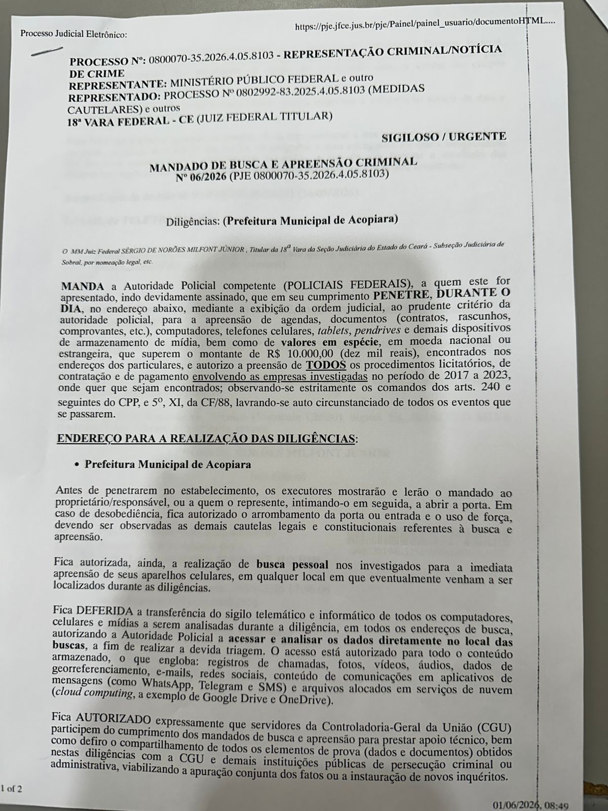 Acopiara entra na mira da PF por esquema de fraudes em licitações entre 2017 e 2023