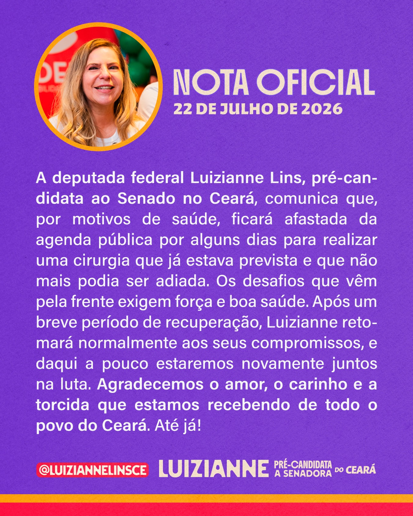 Luizianne Lins anuncia afastamento temporário para realizar cirurgia