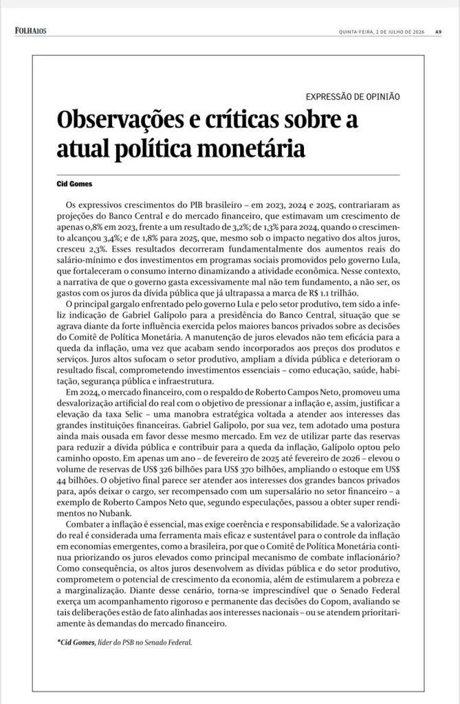 Cid reaparece com críticas a escolha de Lula por Galípolo para presidente do Banco Central