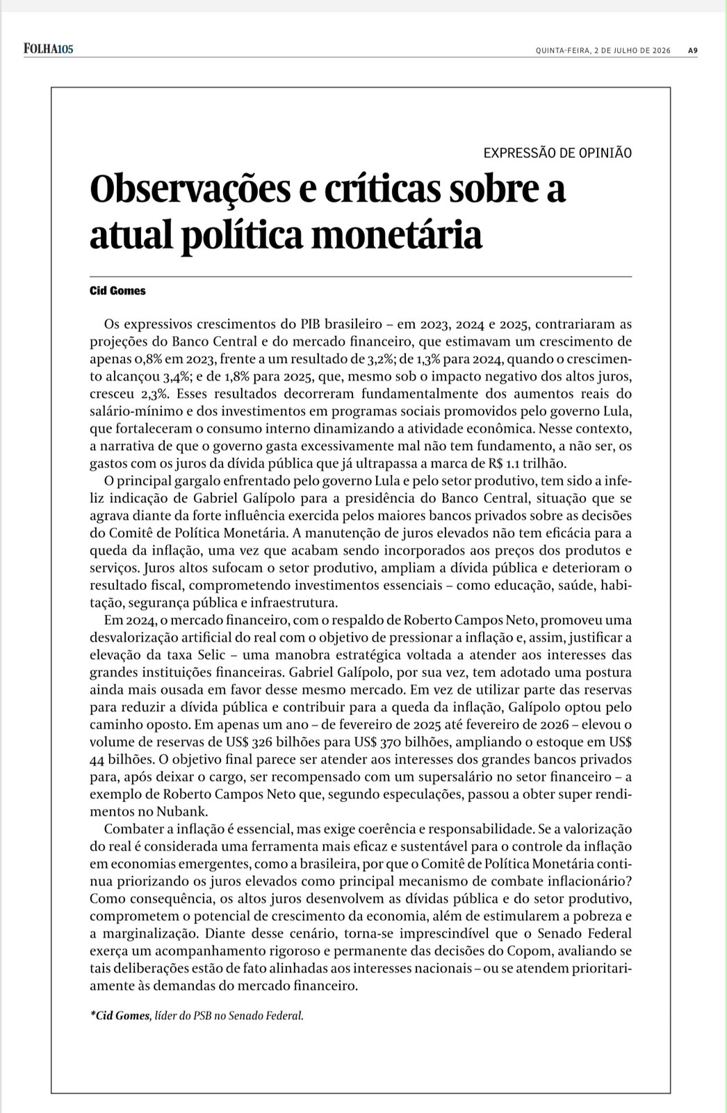 Cid reaparece com críticas a escolha de Lula por Galípolo para presidente do Banco Central