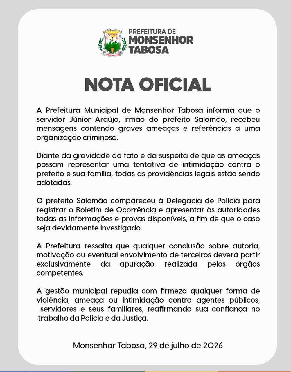 Prefeito de Monsenhor Tabosa diz temer por família após ameaças do CV ao irmão