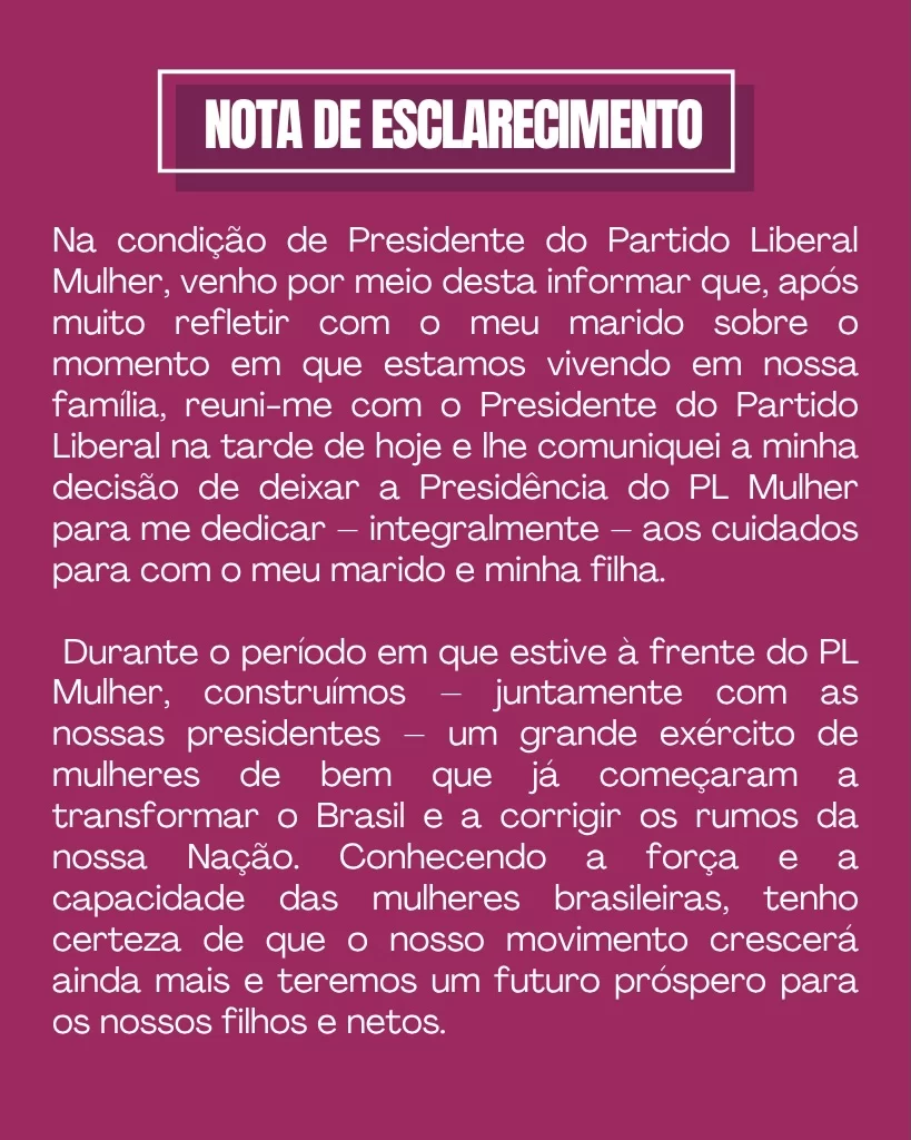 Michelle Bolsonaro anuncia renúncia da presidência do PL Mulher