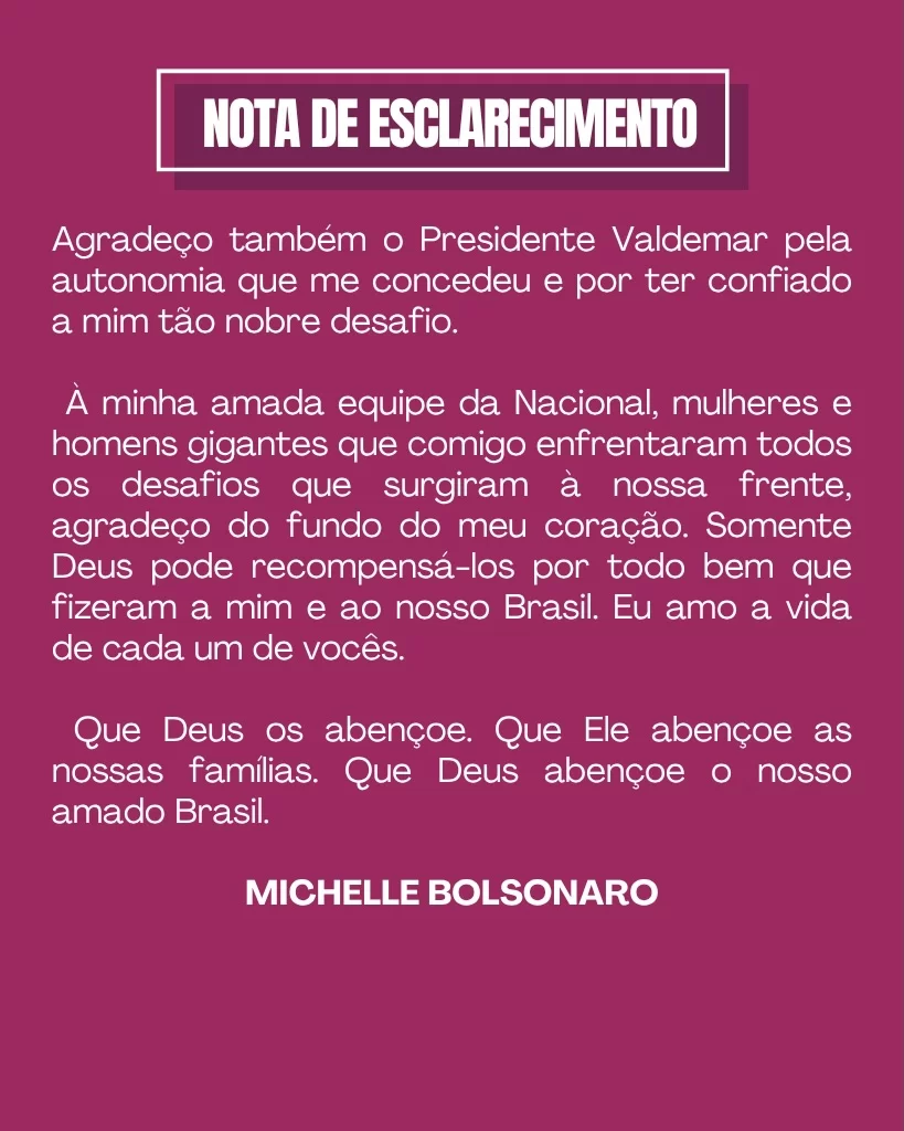 Michelle Bolsonaro anuncia renúncia da presidência do PL Mulher