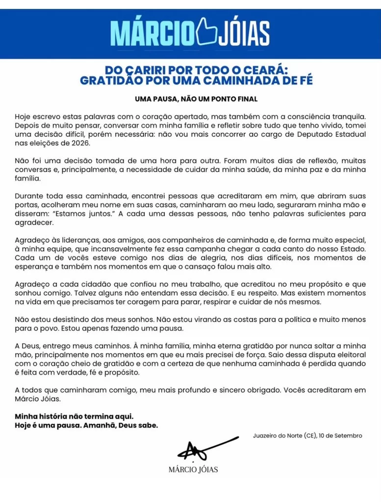 Vereador de Juazeiro do Norte, Márcio Joias, desiste de candidatura a deputado estadual