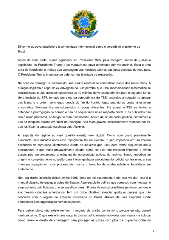 Flávio Bolsonaro diz em carta que não fugiu do Brasil e se declara presidente eleito