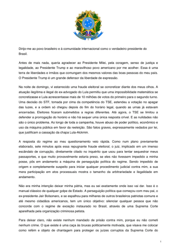 Flávio Bolsonaro diz em carta que não fugiu do Brasil e se declara presidente eleito