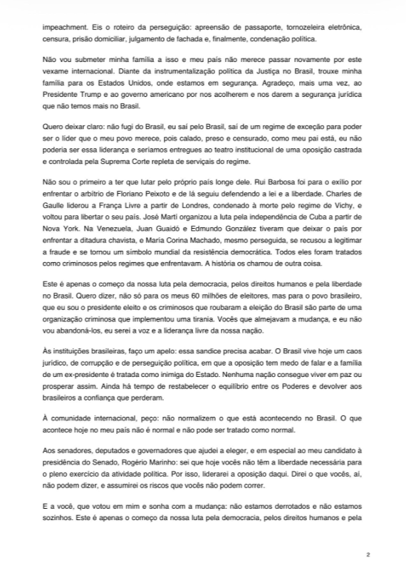 Flávio Bolsonaro diz em carta que não fugiu do Brasil e se declara presidente eleito