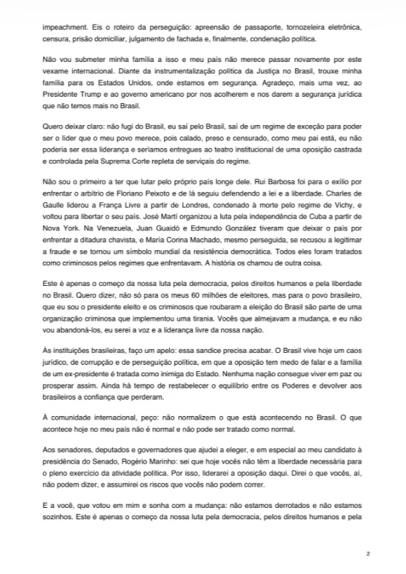 Flávio Bolsonaro diz em carta que não fugiu do Brasil e se declara presidente eleito