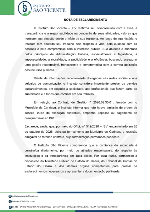 Instituto São Vicente rompe contrato com Caririaçu e afirma que não recebeu recursos
